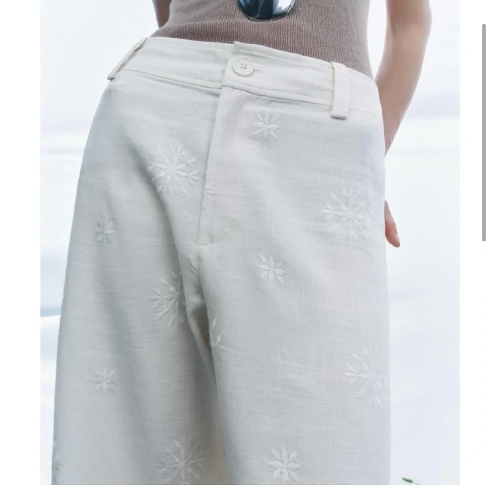 Zara ZW Collection Embroidered Ecru Linen Blend Pants XS